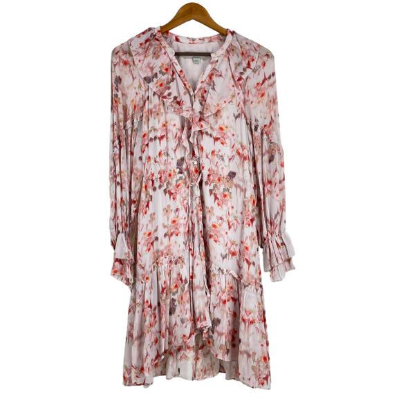 Allsaints NWT Ava Momo Floral Long Sleeve Ruffle Dress Size 2 Sheer Crinkle Pink - Picture 4 of 13